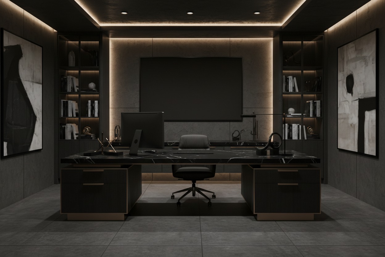 Ein modernes, minimalistisches Büro in dunklen Tönen mit einem Schreibtisch aus schwarzem Marmor und indirekter Beleuchtung.
